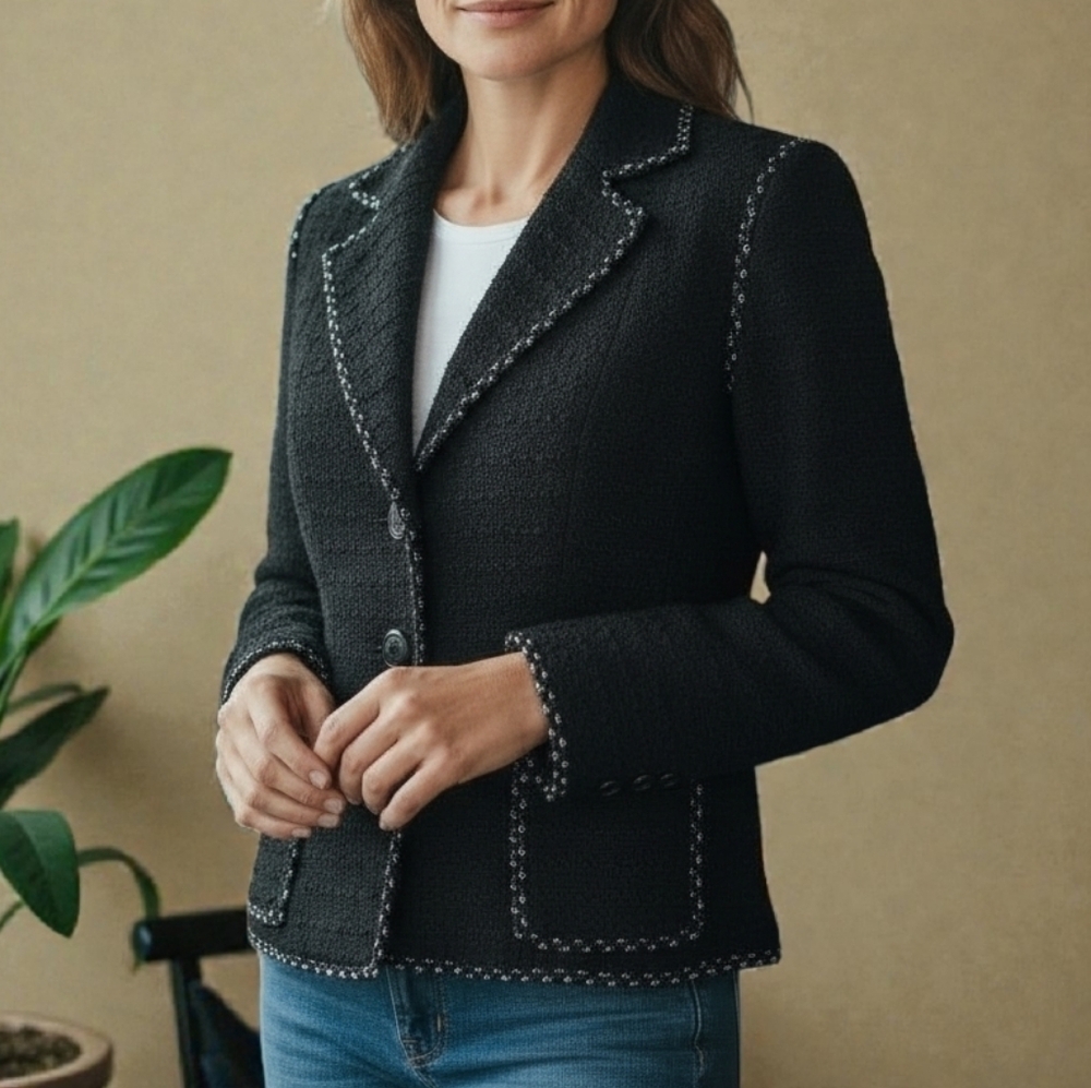 Cabi Black Tweed White Piping Blazer Jacket Women's Size 6 Textured Structured